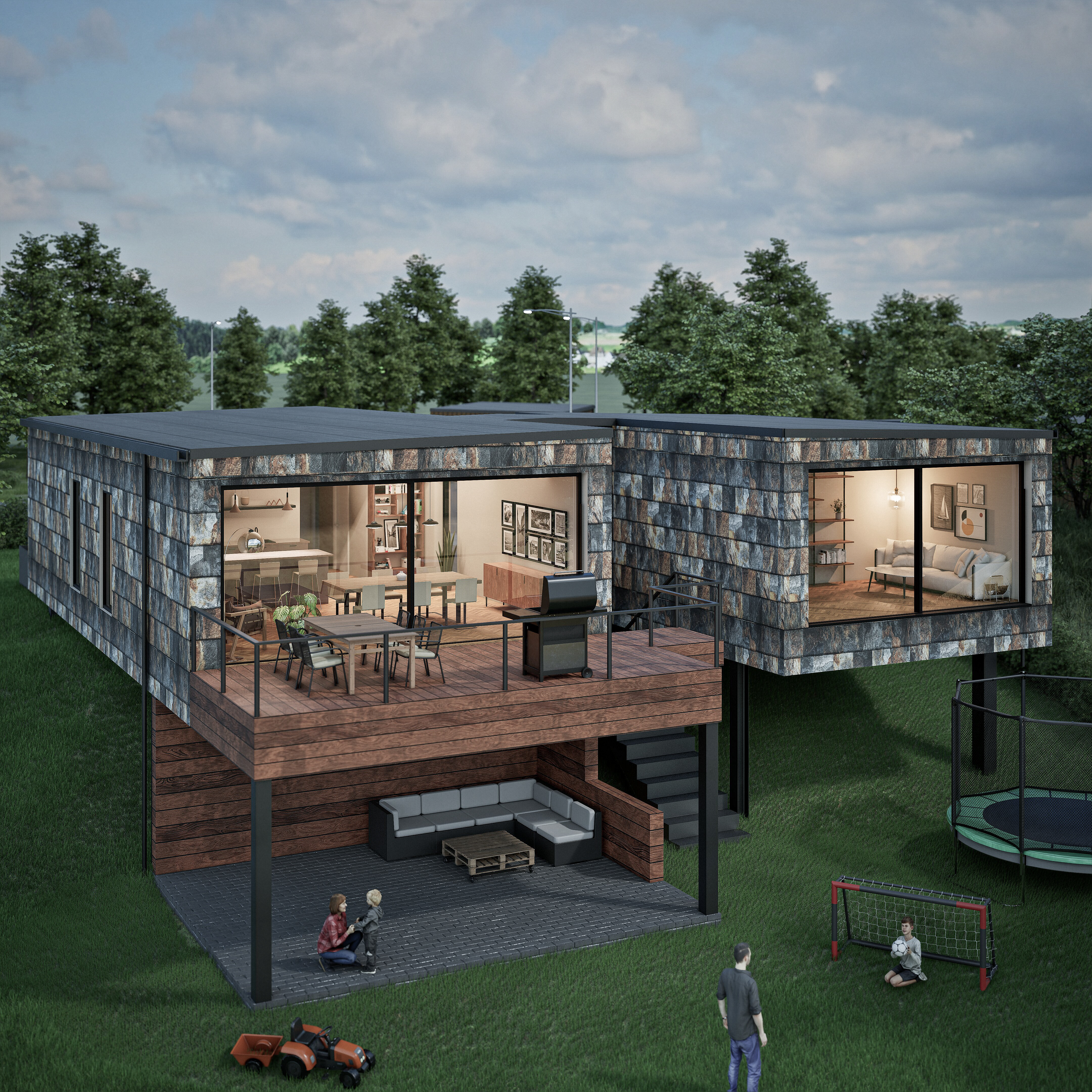 Kongstruct Flexhus - fleksibelt hus med skiferfacade og store glaspartier